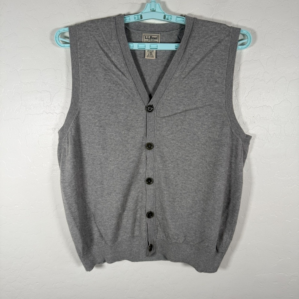 LL Bean Vest Mens Large Gray Button Sweater Cardigan Grandad Cashmere Cotton